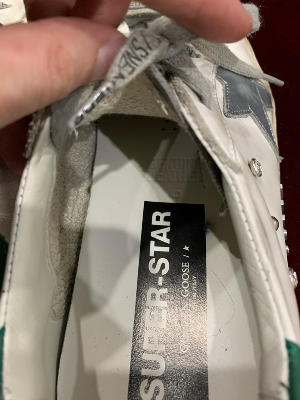 Golden Goose White Leather Sneakers with Green Heel and Silver Star Accent - Picture 6 of 12